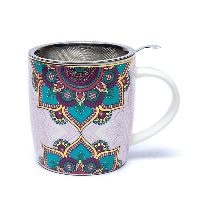 Tea mug Mandala turquoise 4 dl – with steel strainer