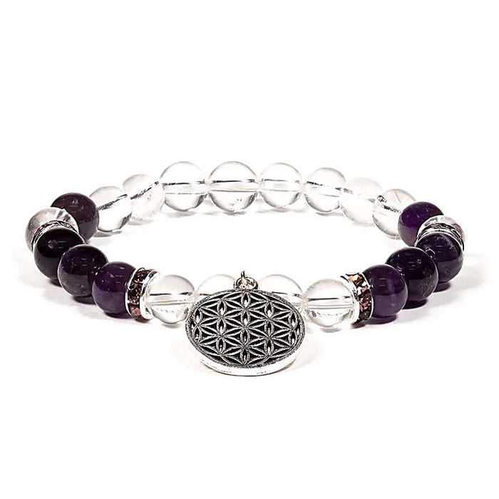 Mala bracelet amethyst rock crystal with flower of life (flexible)