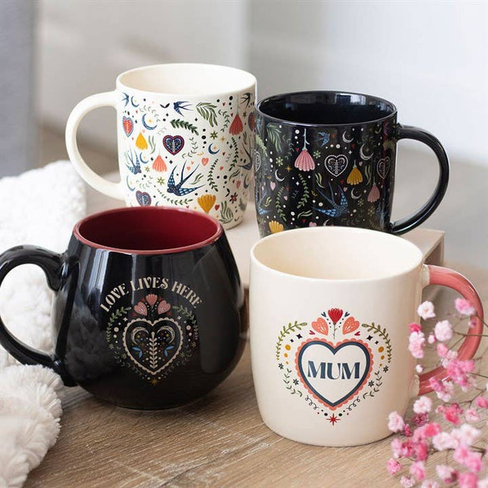 Black Midnight Bloom Folk Floral Print Mug 350ml