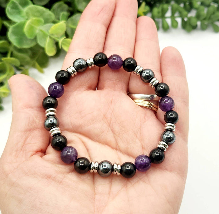 Suojaava rannekoru – šungiitti, ametisti ja hematiitti, 20 cm