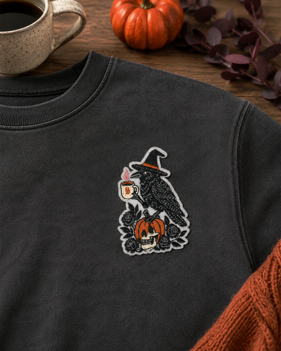 Crow Pumpkin Coffee Skull Witch – kangasmerkki