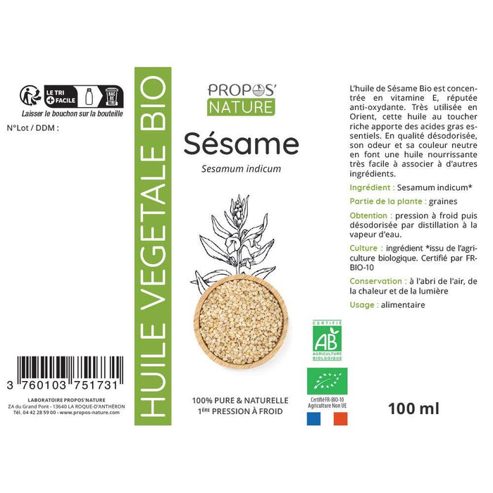 Organic Deodorized Sesame Vegetable Oil 50ml - Laboratoire Propos'Nature