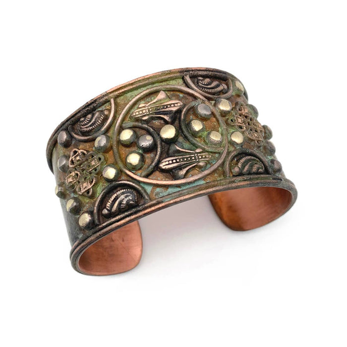 Rivets and Filigree Circles - Green Patinated Copper Bracelet