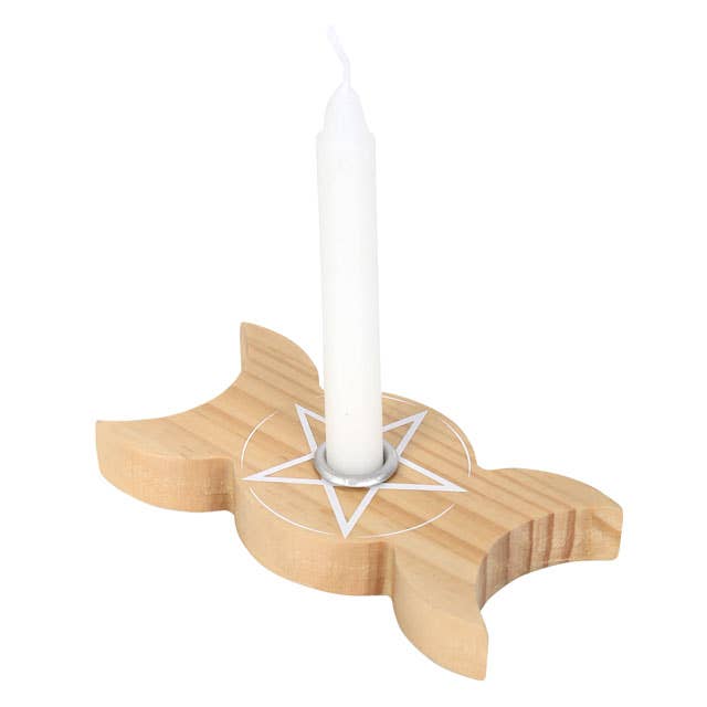 Wood-colored Triple Moon spell candlestick