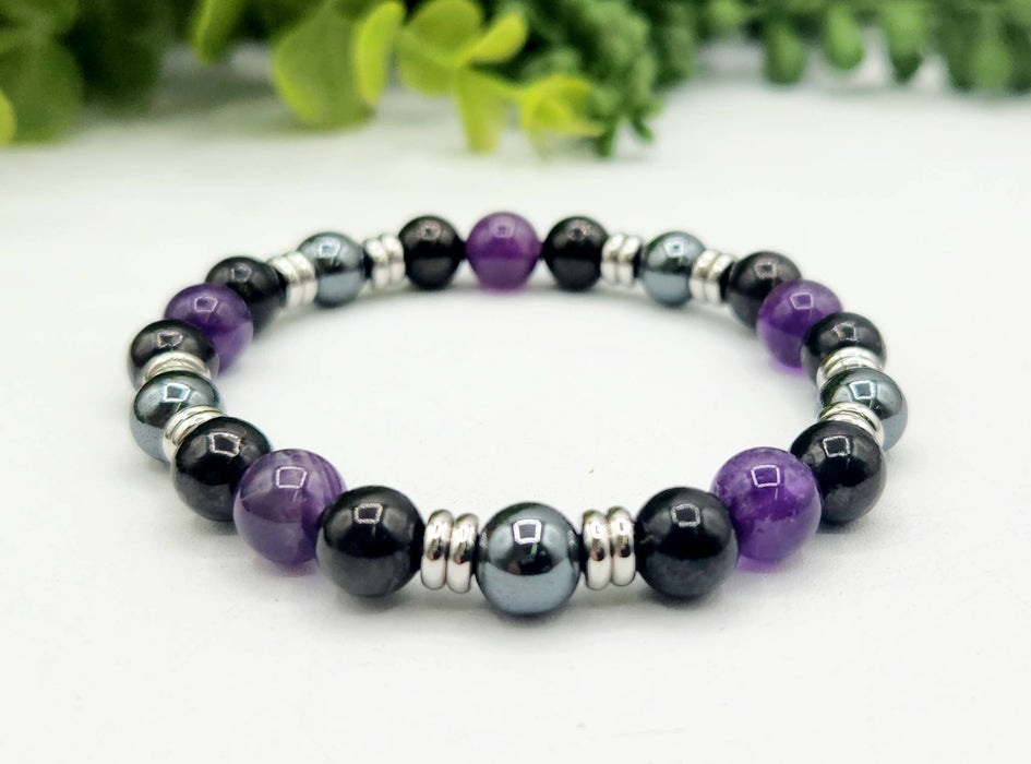 Suojaava rannekoru – šungiitti, ametisti ja hematiitti, 20 cm