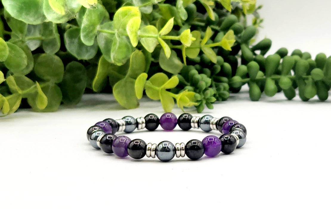 Suojaava rannekoru – šungiitti, ametisti ja hematiitti, 20 cm