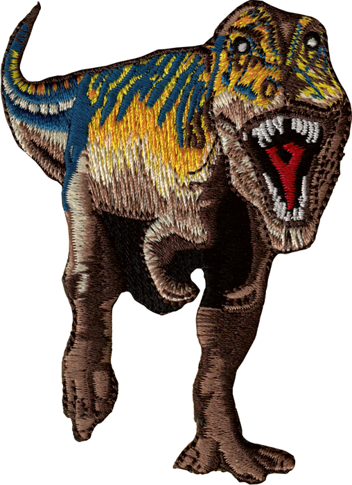 T-Rex – sininen, ruskea ja keltainen – kangasmerkki