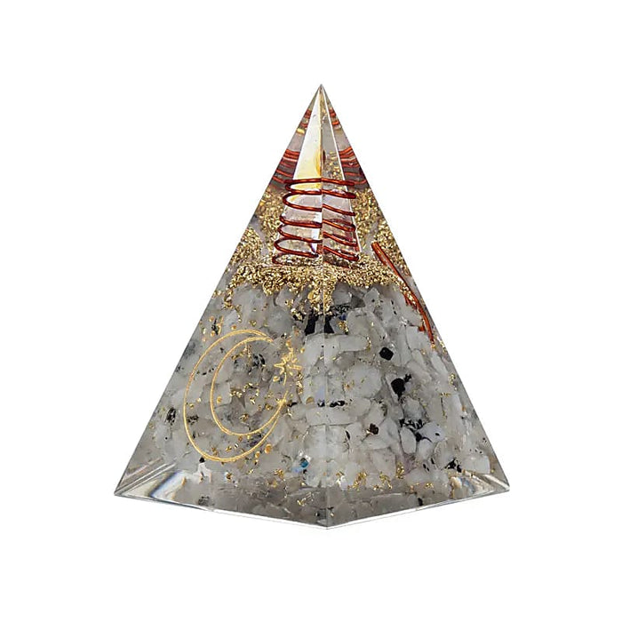 Orgonite pyramid with moonstone and moon symbol 6 x 6 x 8.5 cm