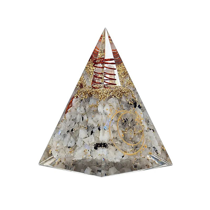 Orgonite pyramid with moonstone and moon symbol 6 x 6 x 8.5 cm