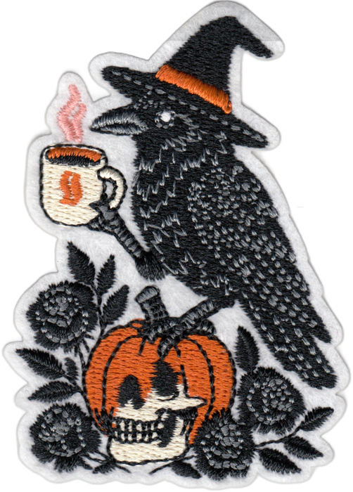 Crow Pumpkin Coffee Skull Witch – kangasmerkki