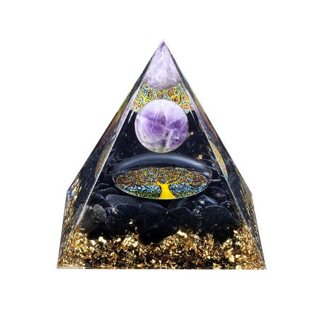 Ametisti ja musta obsidiaani orgoniittipyramidi Elämänpuu 6 cm