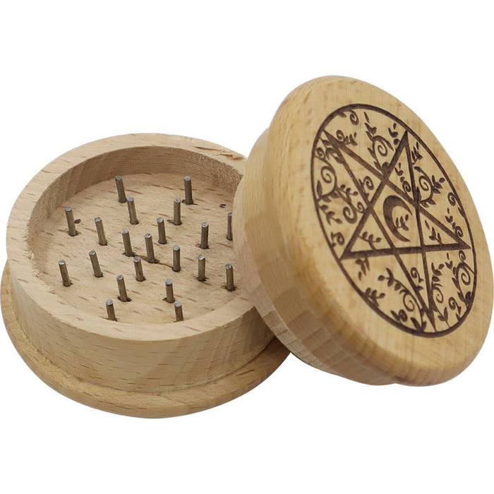 Wooden Herb Crusher, Pentagram and Moon