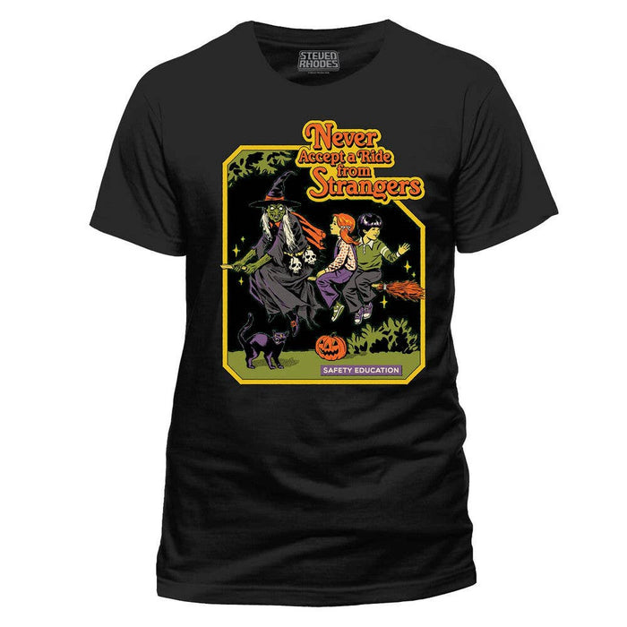 Never accept a ride from Strangers black T-shirt - Steven Rhodes