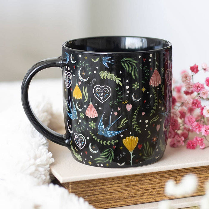 Black Midnight Bloom Folk Floral Print Mug 350ml