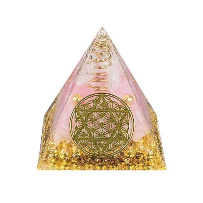 Vuorikristalli ja ruusukvartsi orgoniittipyramidi Elämänkukka 6 cm