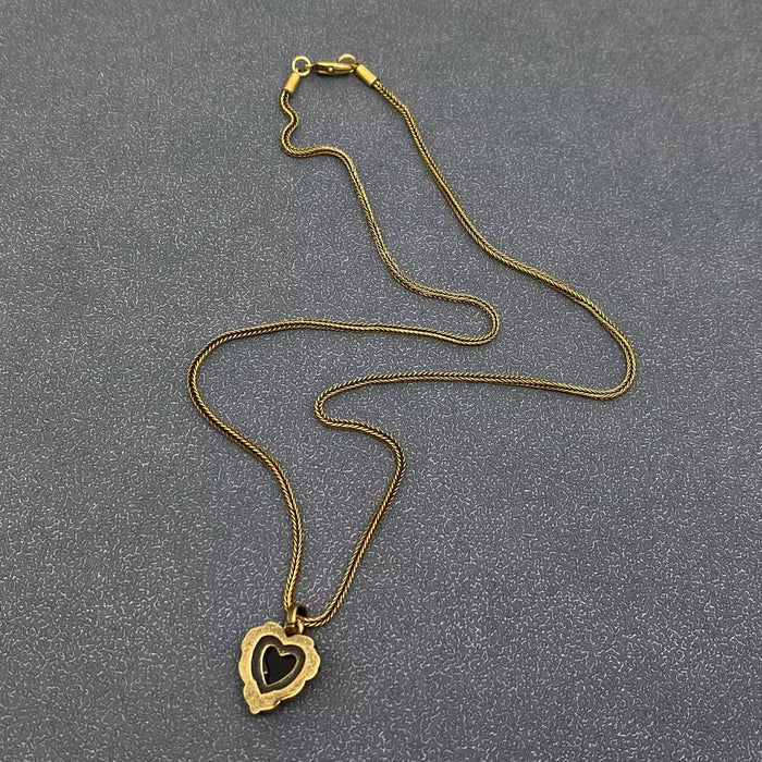 Vintage Inlaid Black Agate Heart Charm Bronze Necklace -kaulakoru