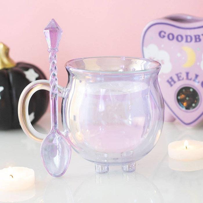 Purple Double Walled Glass Cauldron Mug with Spoon - kaksiseinäinen noidankattilamuki ja lusikka 300 ml