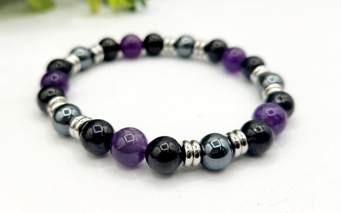 Suojaava rannekoru – šungiitti, ametisti ja hematiitti, 20 cm