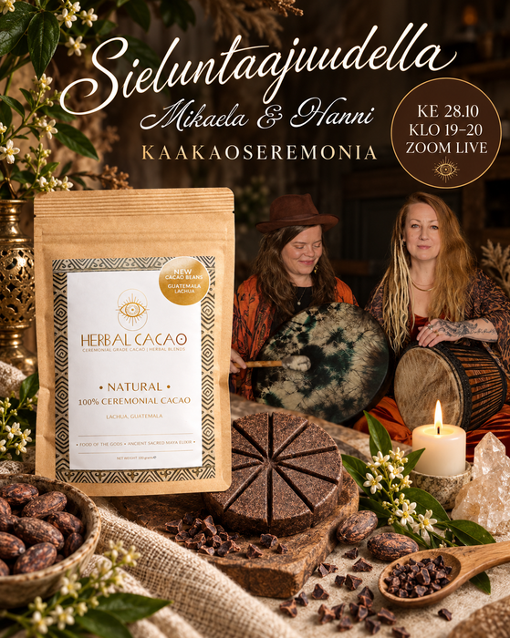 Sieluntaajuudella – Kaakaoseremonia Zoom Live + Herbal Cacao Natural 100 g