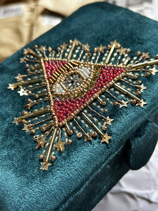 Petrolin sävyinen samettirasia – Tarot-silmäkuvio