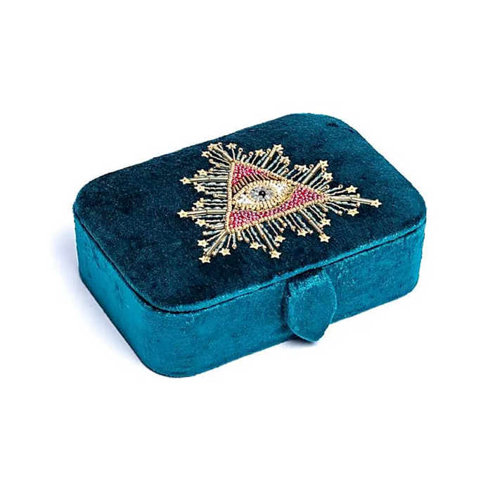 Petrolin sävyinen samettirasia – Tarot-silmäkuvio