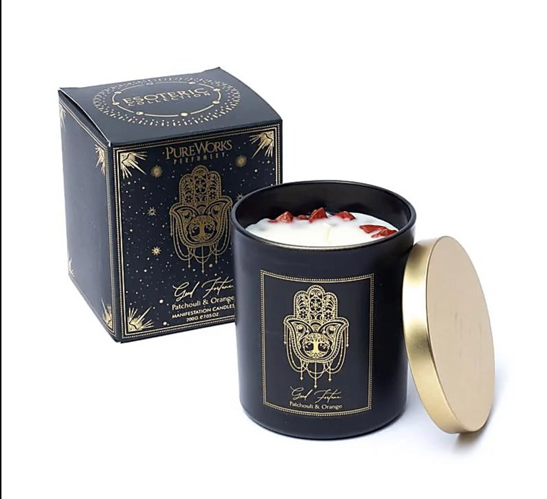 Good Fortune-manifestointikynttilä lasipurkissa kannella