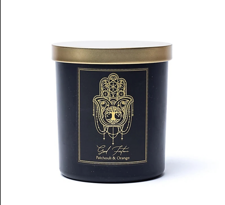 Good Fortune-manifestointikynttilä lasipurkissa kannella