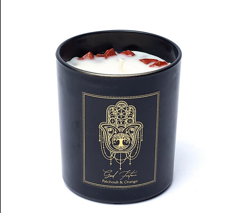 Good Fortune-manifestointikynttilä lasipurkissa kannella