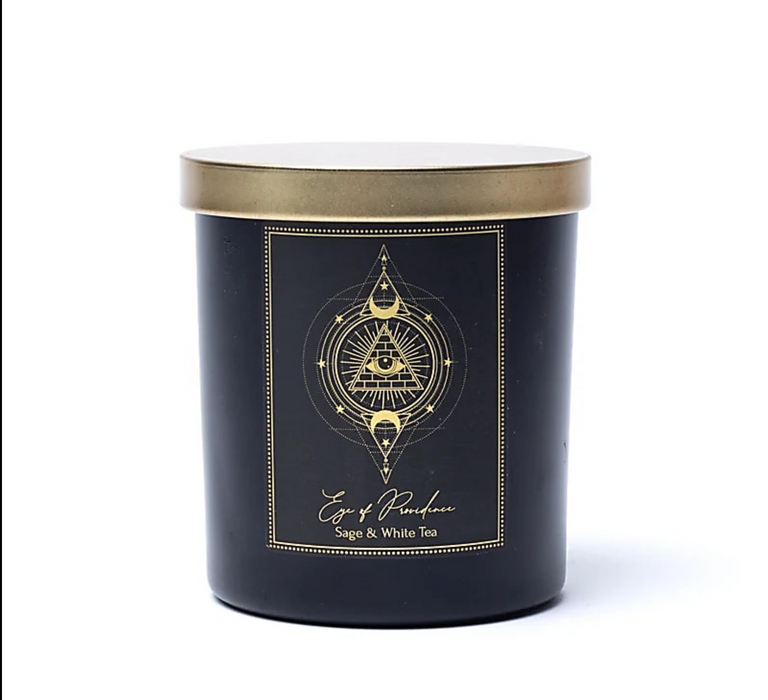 Eye of Providence-manifestointikynttilä lasipurkissa kannella