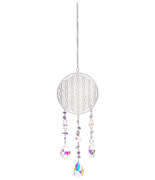 Flower of Life -aurinkosieppari – ametisti & kristalliriipus