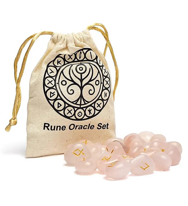 Ruusukvartsi-riimusetti puuvillapussissa (25 kpl)