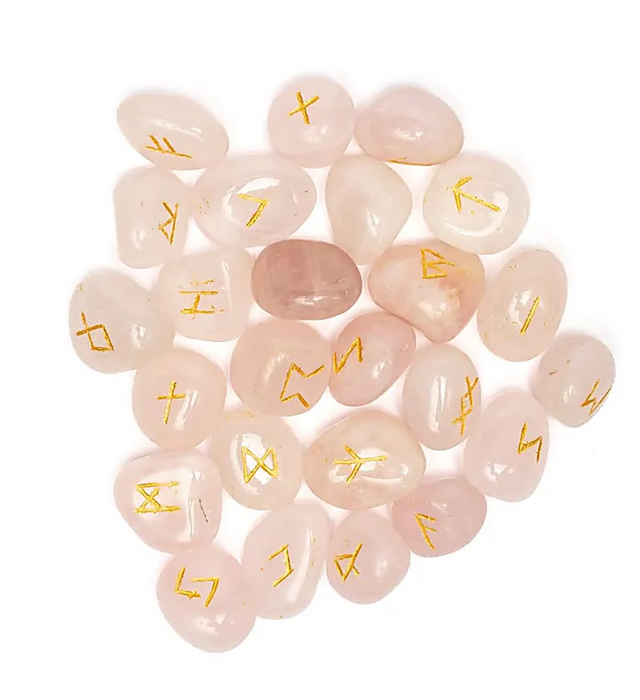 Ruusukvartsi-riimusetti puuvillapussissa (25 kpl)