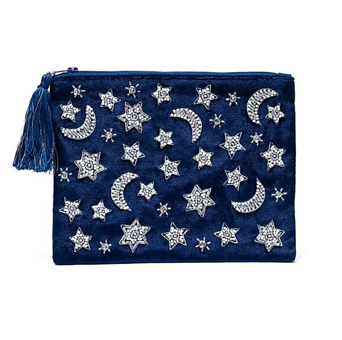 Kirjailtu samettipussi vetoketjulla n. 20x15cm