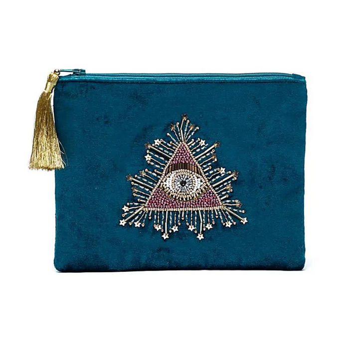 Kirjailtu samettipussi vetoketjulla n. 20x15cm