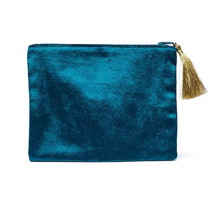 Kirjailtu samettipussi vetoketjulla n. 20x15cm