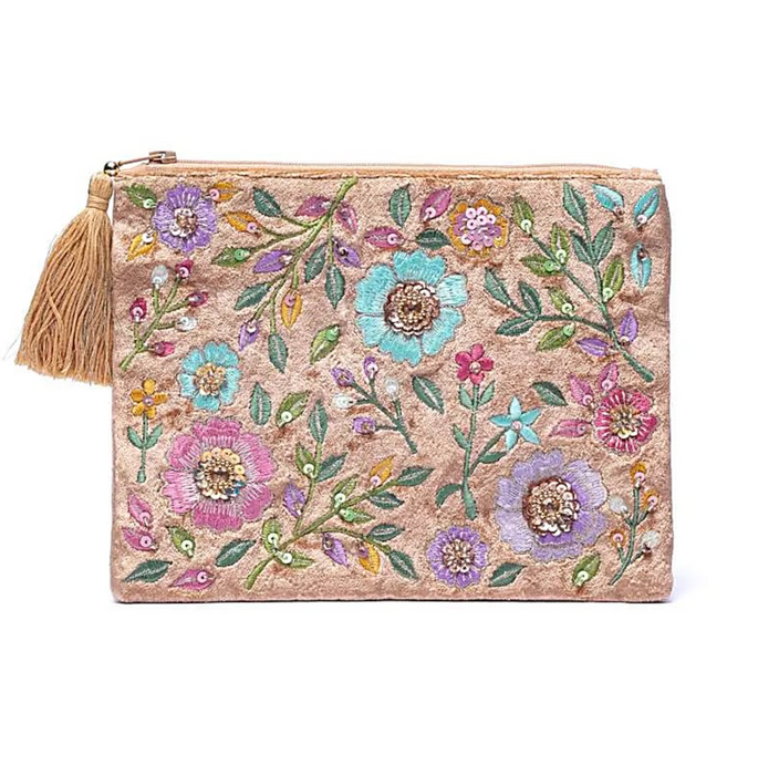 Kirjailtu samettipussi vetoketjulla n. 20x15cm