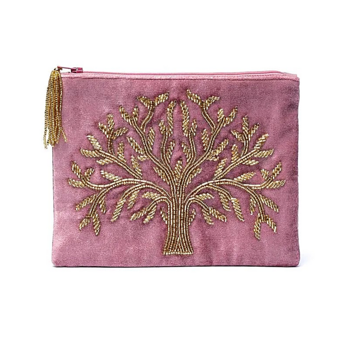 Kirjailtu samettipussi vetoketjulla n. 20x15cm