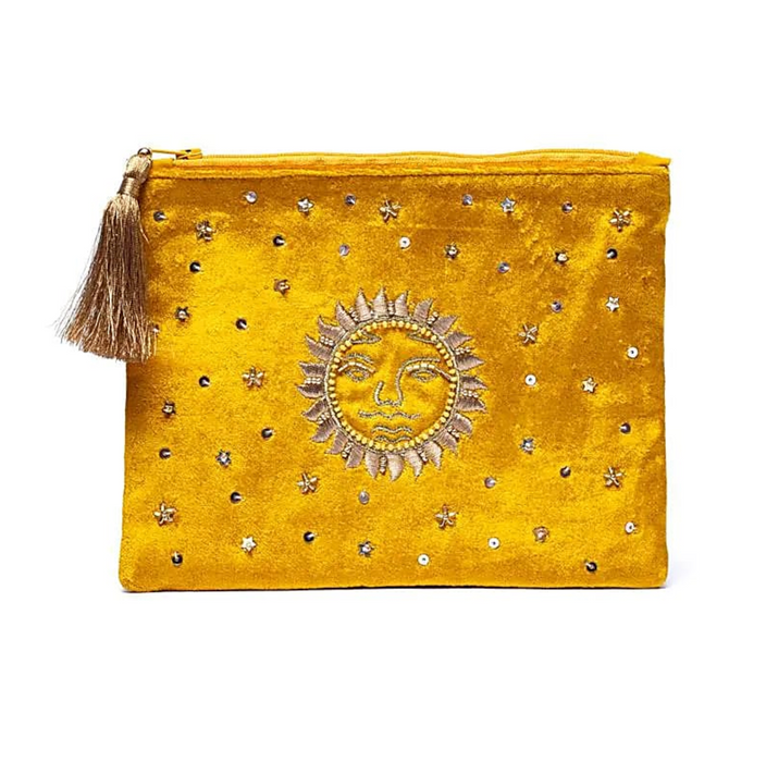 Kirjailtu samettipussi vetoketjulla n. 20x15cm