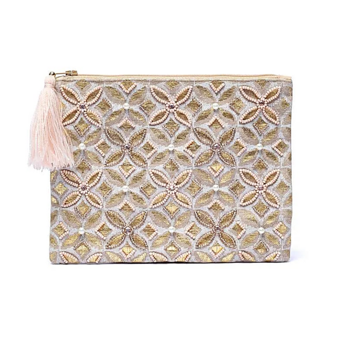 Kirjailtu samettipussi vetoketjulla n. 20x15cm