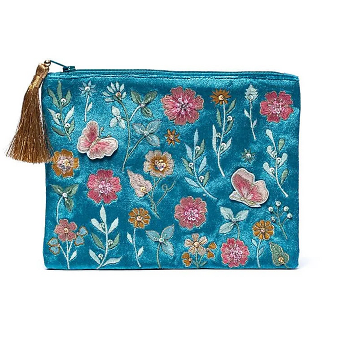 Kirjailtu samettipussi vetoketjulla n. 20x15cm