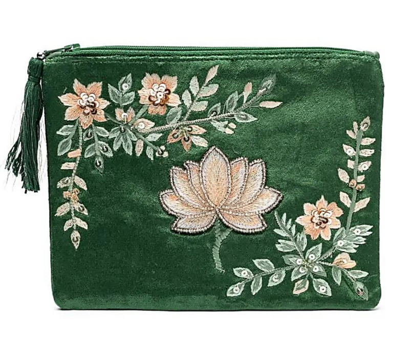 Kirjailtu samettipussi vetoketjulla n. 20x15cm