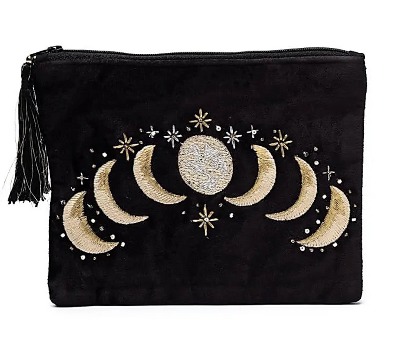 Kirjailtu samettipussi vetoketjulla n. 20x15cm