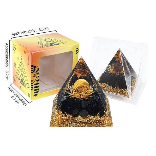 Tiikerinsilmä ja musta obsidiaani orgoniittipyramidi Lootus 6 cm