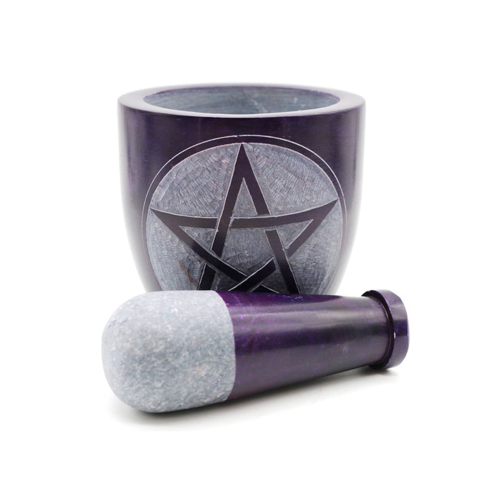 Soapstone mortar Pentagram violet and pestle