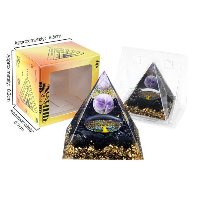 Ametisti ja musta obsidiaani orgoniittipyramidi Elämänpuu 6 cm