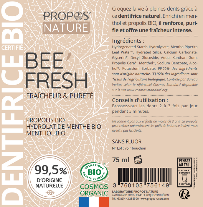 Organic Hammastahna - Propolis and Menthol - Fluoride Free - 75ml - Laboratoire Propos'Nature