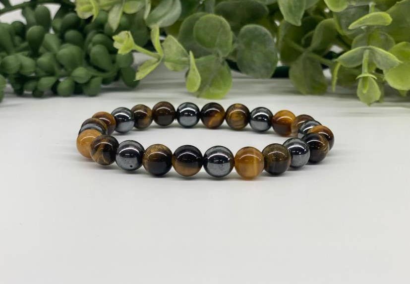 Keltainen tiikerinsilmä ja hematiitti rannekoru – "Suoja empaateille", 8 mm helmet, 19 cm