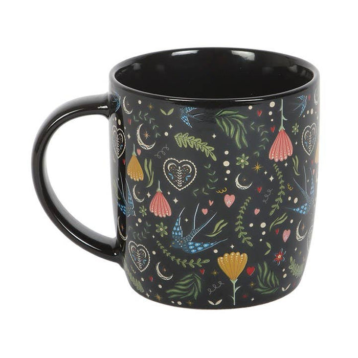Black Midnight Bloom Folk Floral Print Mug 350ml