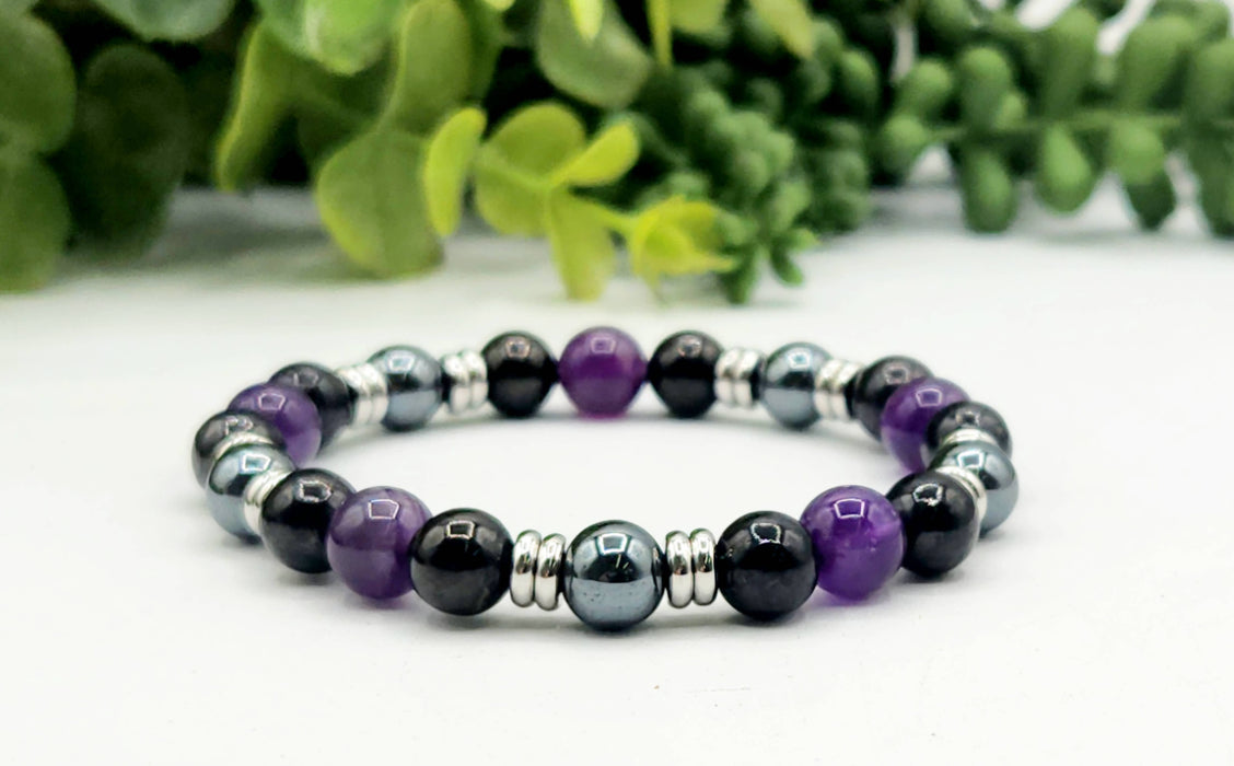 Suojaava rannekoru – šungiitti, ametisti ja hematiitti, 20 cm