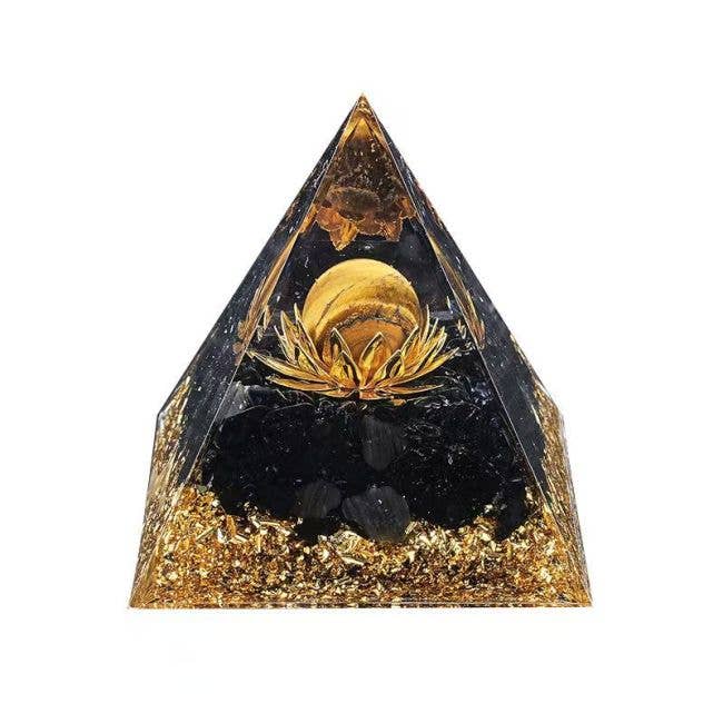 Tiikerinsilmä ja musta obsidiaani orgoniittipyramidi Lootus 6 cm